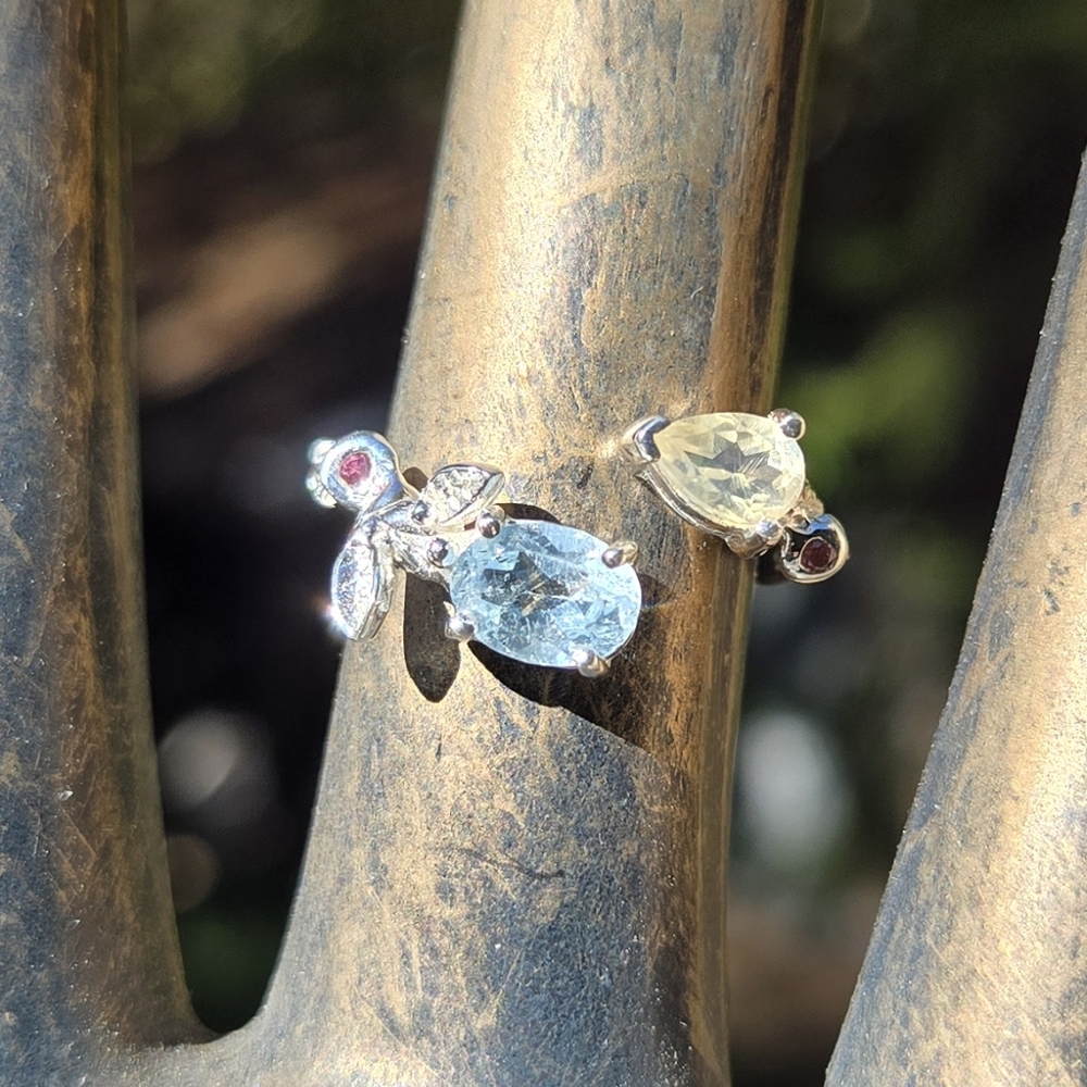 Blue Topaz Citrine Rhodalite Natural Gemstone Sterling White Gold Ring Sz8.5 - Picture 7 of 10